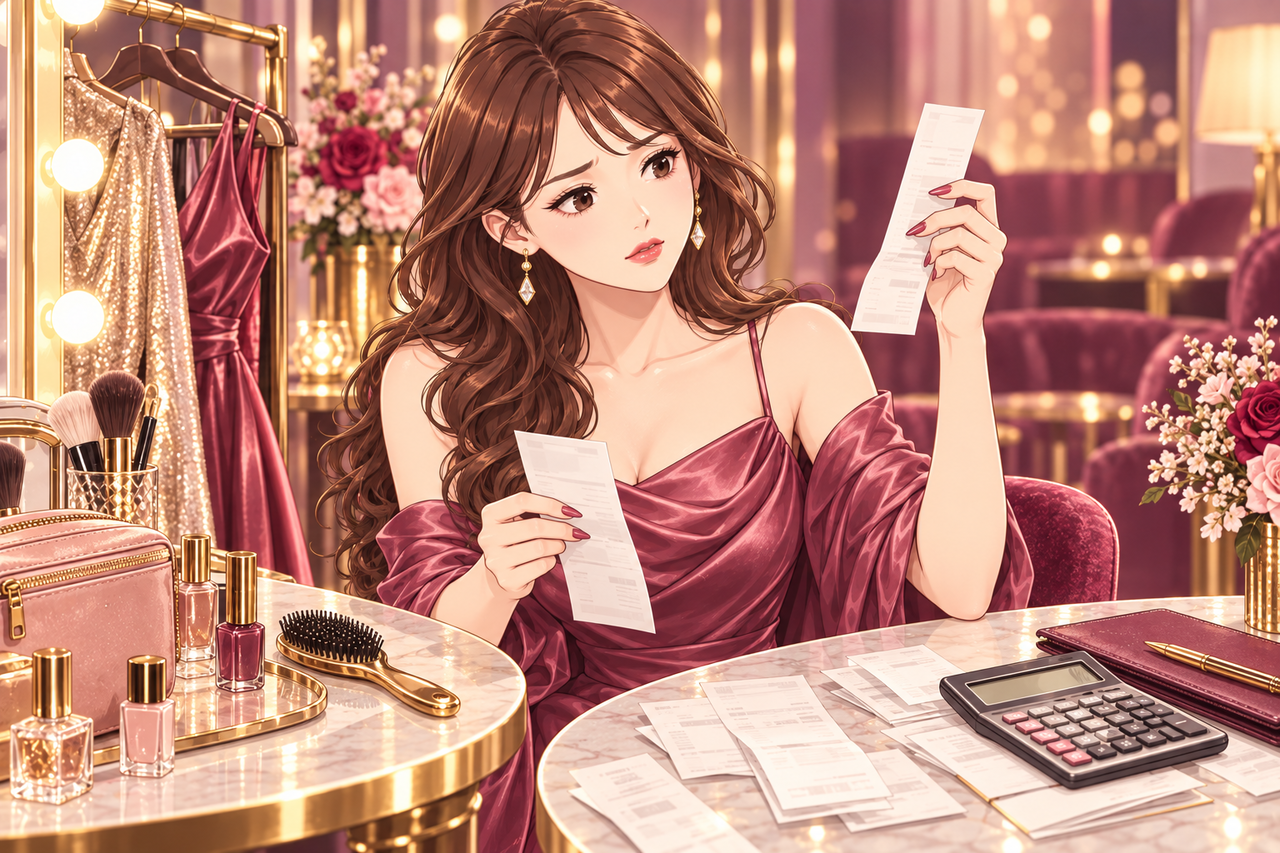 ドレスや美容用品のそばで領収書を確認する女性