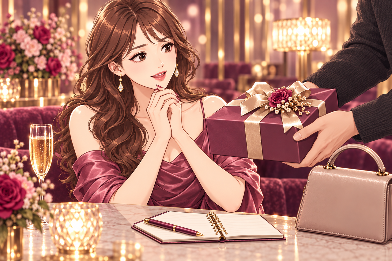 贈り物を受け取る女性と、記録用の手帳