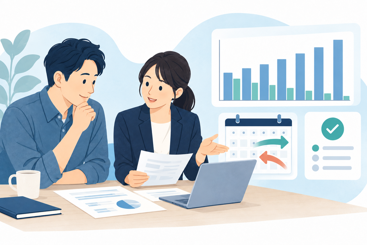 経営者と会計の専門家が、売上・利益の動きと入出金予定を一緒に確認するイラスト