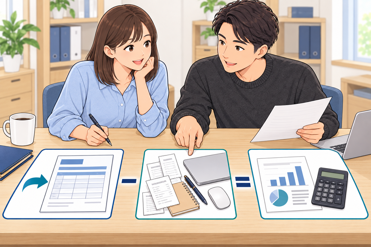 業務委託の報酬収入から仕事の必要経費を引いて所得を計算する図