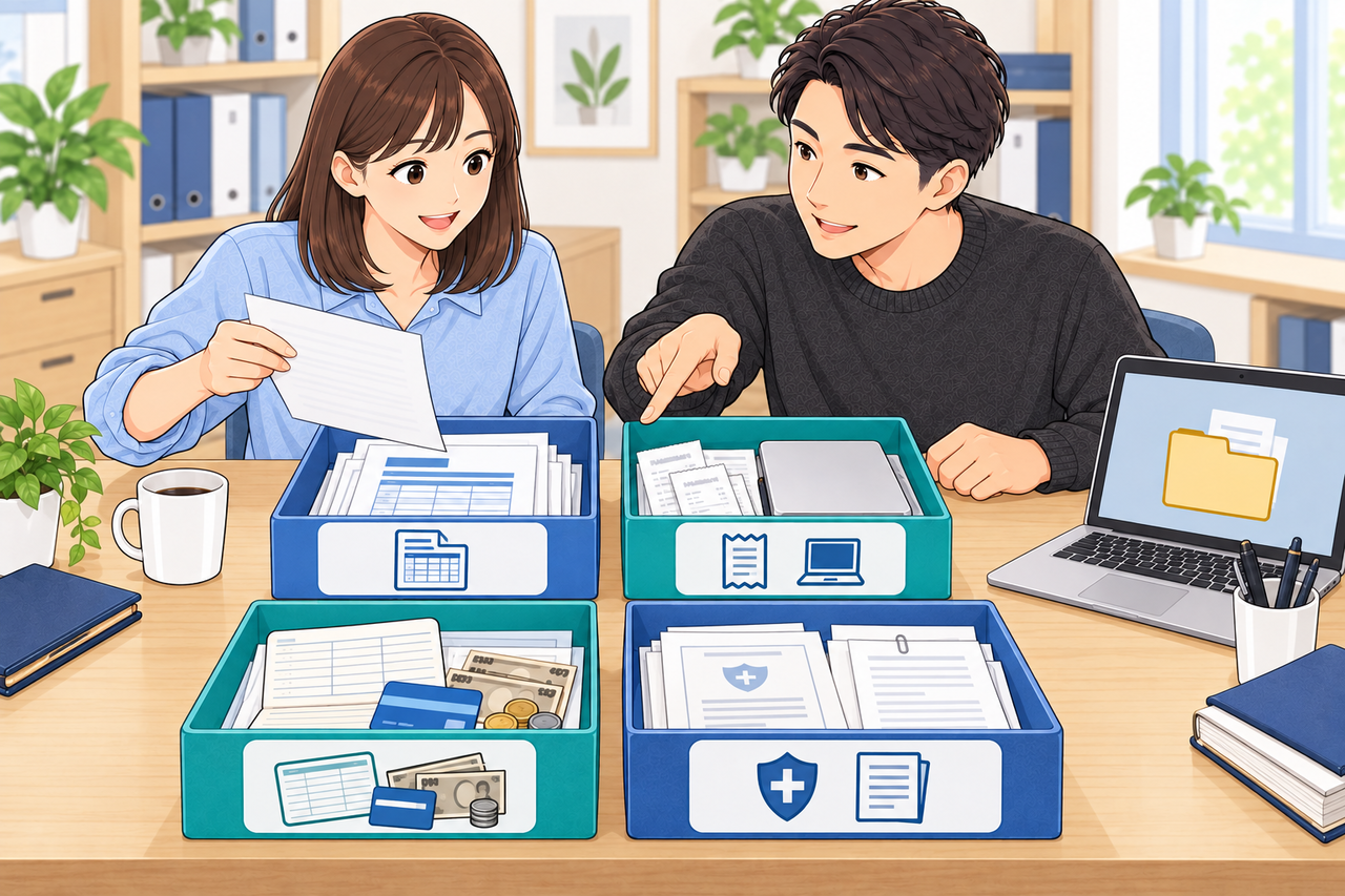 売上、経費と購入資産、口座と現金、控除と届出の4分類で資料を整理する図
