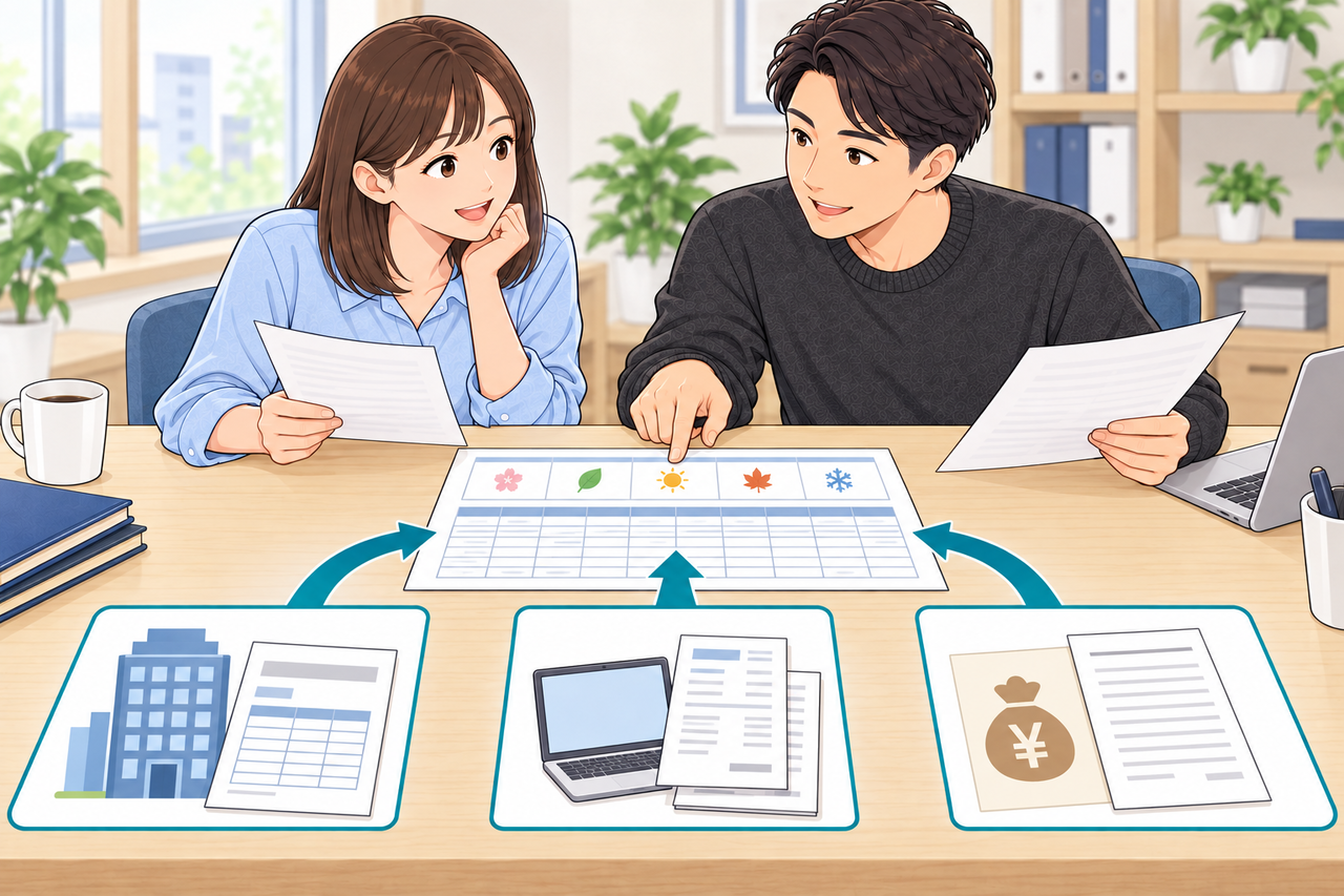 退職前の給与、独立後の売上、そのほかの収入を1年分の一覧へ集める女性と税理士