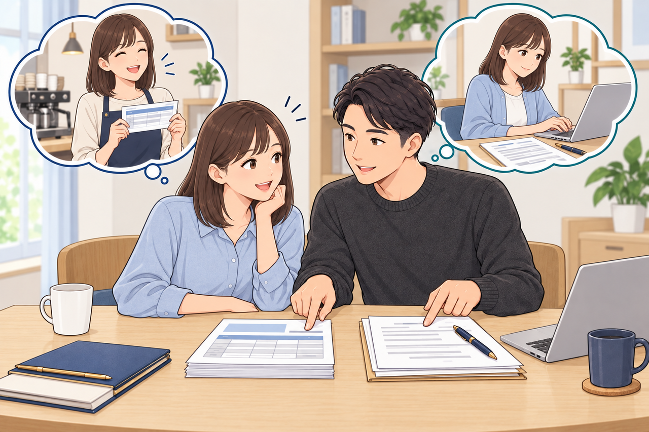 アルバイトの給与と業務委託の報酬を、資料と働き方から分けて確認する女性と税理士