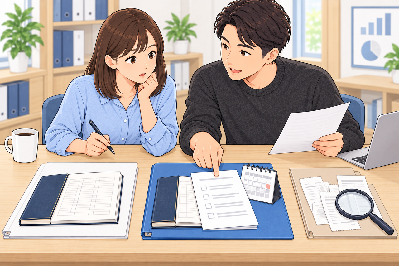 白色と青色どちらにも帳簿を添え、青色の申請書と日付、ほかの税務手続を確認する図