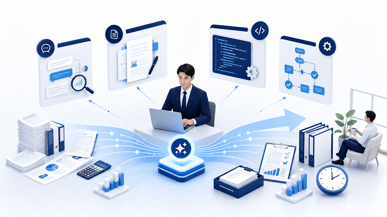 対話型AIとAIエージェントを仕事へつなげるイメージ