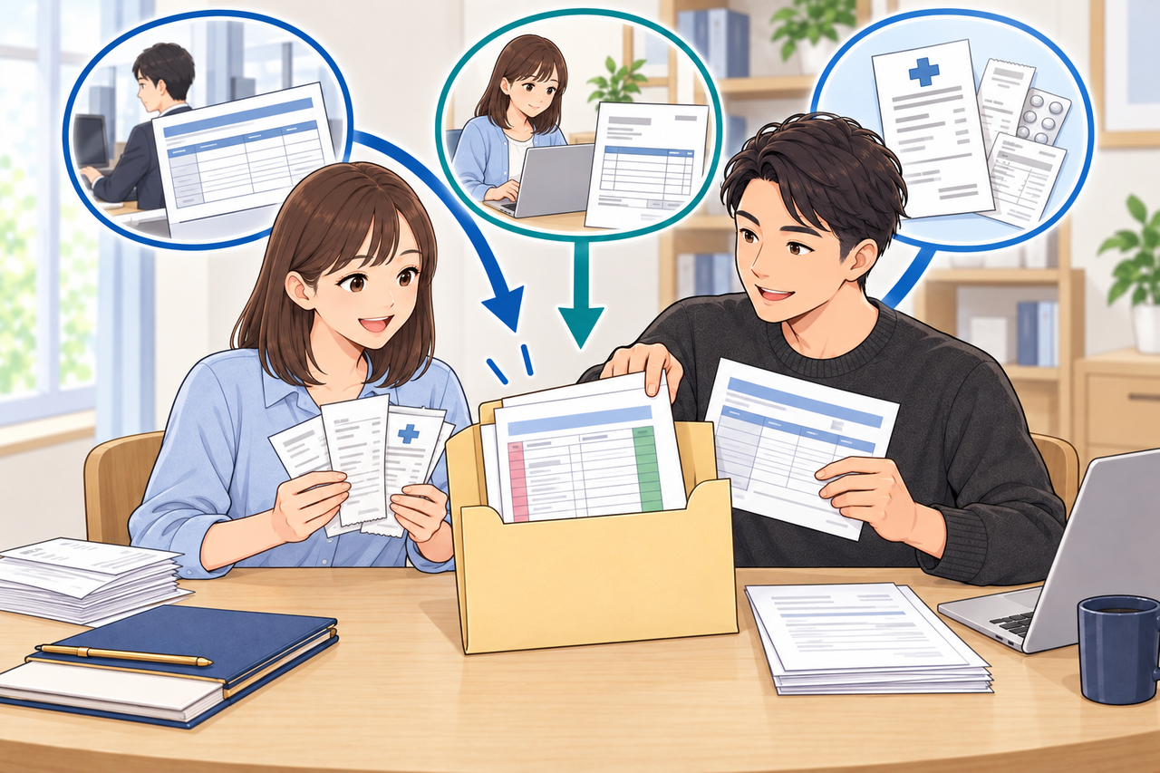 給与の資料、副業の資料、医療費控除の資料を1つの申告用ファイルへまとめる図