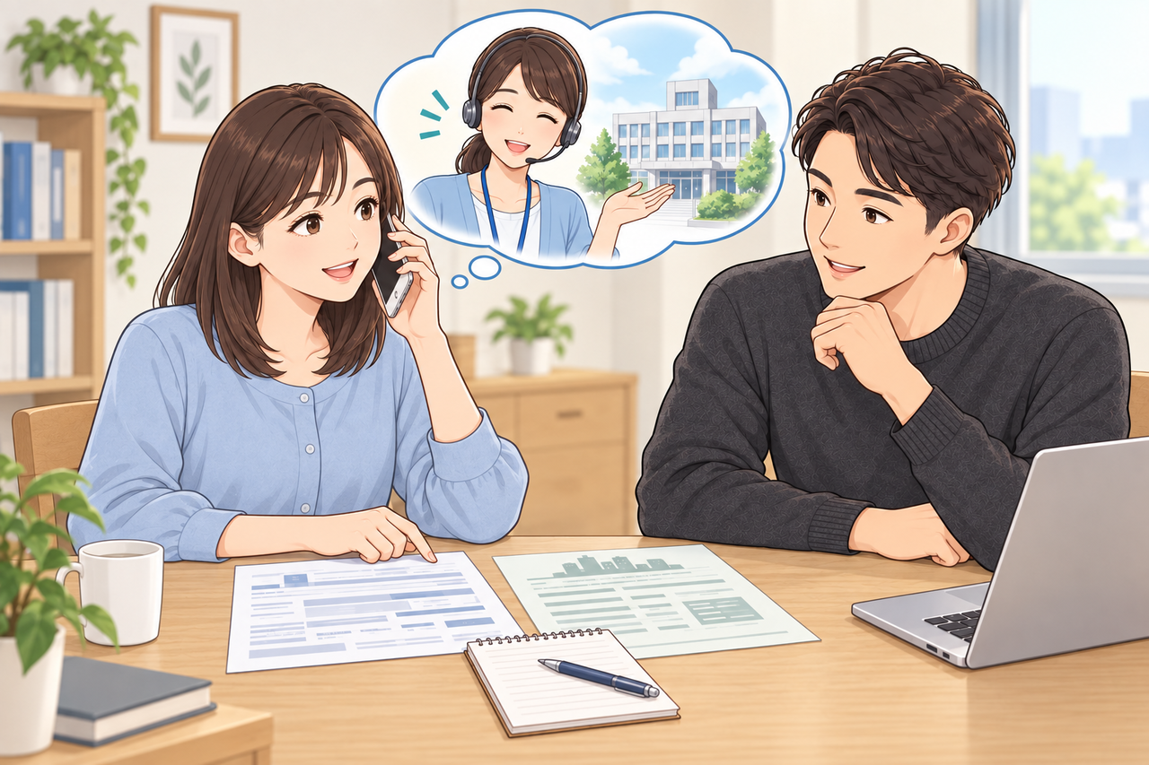 申告書控えと住民税通知書を手元に置いて自治体の担当窓口へ確認する女性
