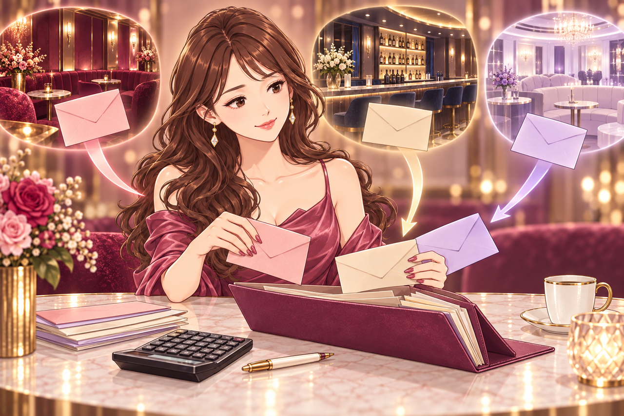 複数のお店の明細や封筒を、一つにまとめる女性