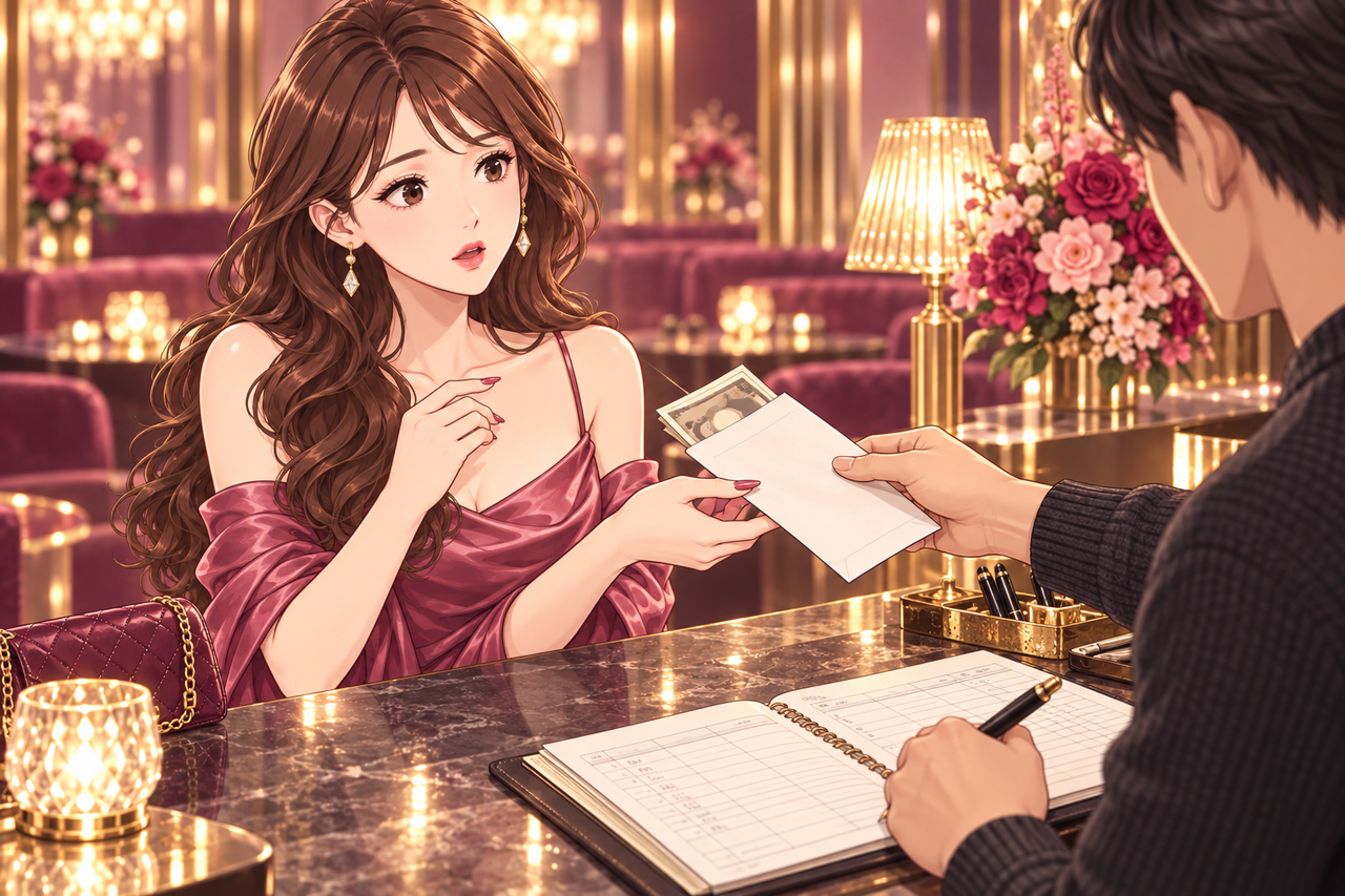 現金を受け取る女性と、支払いを帳簿に記録するお店の人